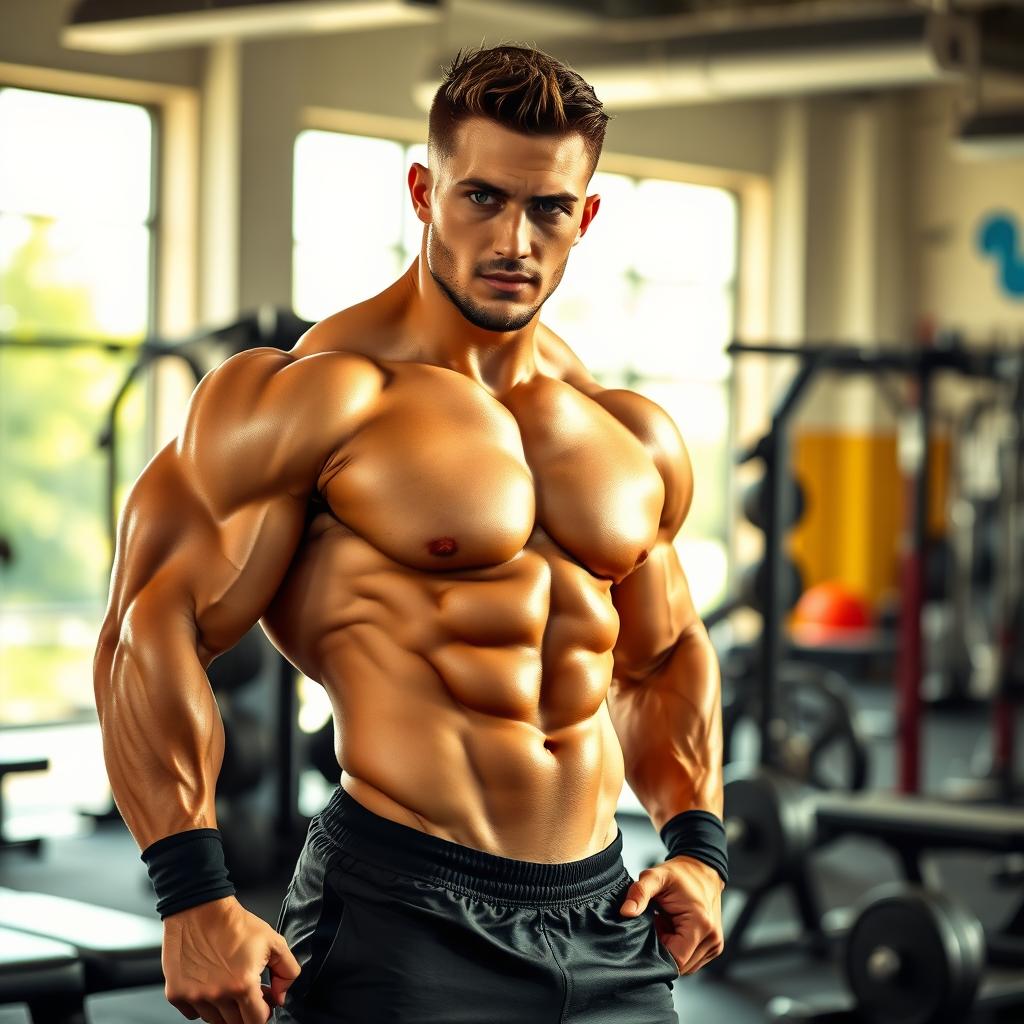 A muscled man displaying his well-defined physique, standing confidently in a dramatic pose, showcasing rippling abs, bulging biceps, and overall athleticism