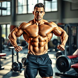 A muscled man displaying his well-defined physique, standing confidently in a dramatic pose, showcasing rippling abs, bulging biceps, and overall athleticism
