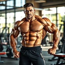 A muscled man displaying his well-defined physique, standing confidently in a dramatic pose, showcasing rippling abs, bulging biceps, and overall athleticism