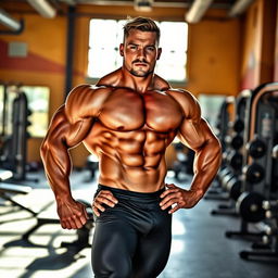 A muscled man displaying his well-defined physique, standing confidently in a dramatic pose, showcasing rippling abs, bulging biceps, and overall athleticism