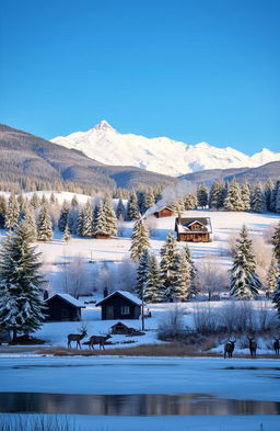 A breathtaking winter scene in the countryside with majestic mountains in the background