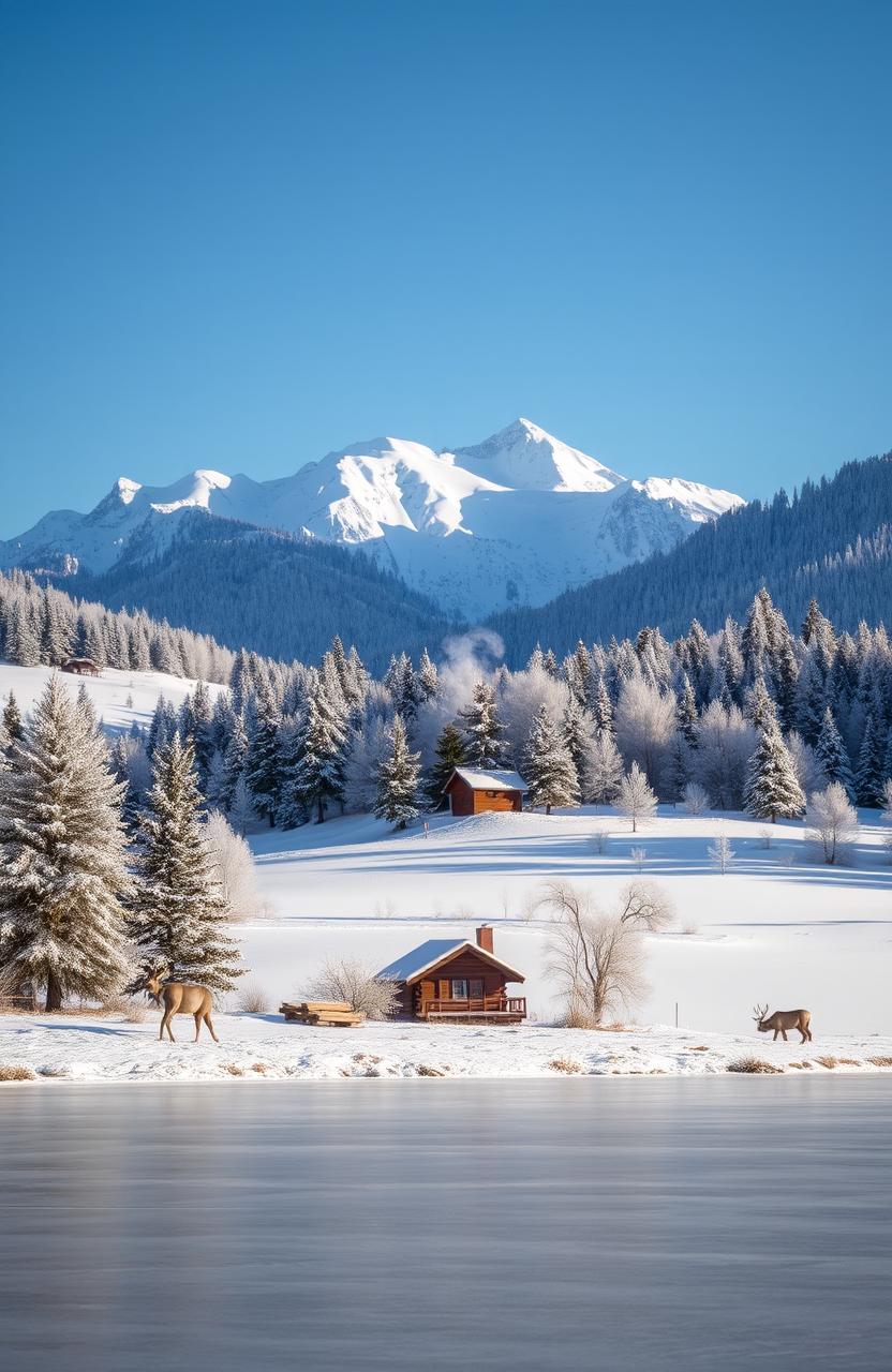 A breathtaking winter scene in the countryside with majestic mountains in the background