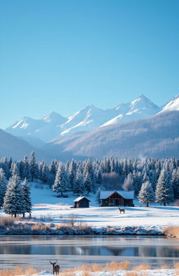 A breathtaking winter scene in the countryside with majestic mountains in the background
