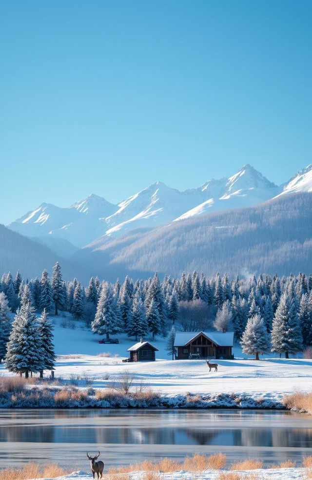 A breathtaking winter scene in the countryside with majestic mountains in the background