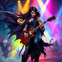 In a Dungeons & Dragons art style, a powerful Latina rockstar vampire is engrossed in playing her electric guitar on a vibrant, otherworldly stage