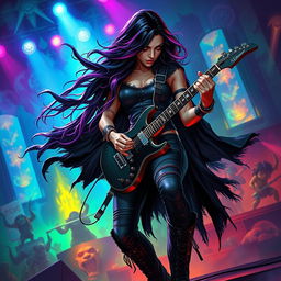In a Dungeons & Dragons art style, a powerful Latina rockstar vampire is engrossed in playing her electric guitar on a vibrant, otherworldly stage