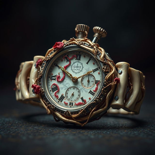 A macabre yet intricately designed watch, where the casing is made of polished human bones intertwined with delicate threads of human tissue