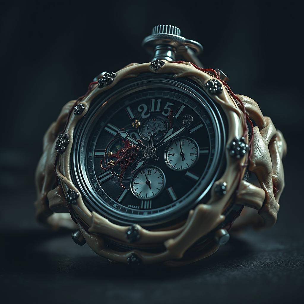 A macabre yet intricately designed watch, where the casing is made of polished human bones intertwined with delicate threads of human tissue