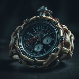 A macabre yet intricately designed watch, where the casing is made of polished human bones intertwined with delicate threads of human tissue