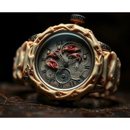 A macabre yet intricately designed watch, where the casing is made of polished human bones intertwined with delicate threads of human tissue