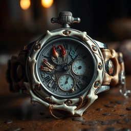 A macabre yet intricately designed watch, where the casing is made of polished human bones intertwined with delicate threads of human tissue
