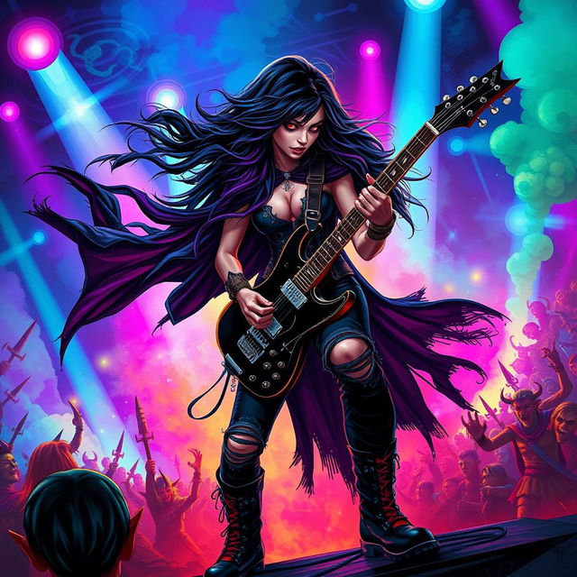 In a Dungeons & Dragons art style, a powerful Latina rockstar vampire is engrossed in playing her electric guitar on a vibrant, otherworldly stage