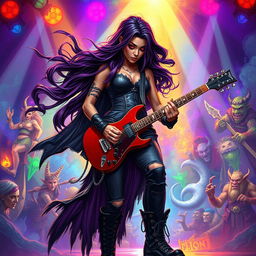 In a Dungeons & Dragons art style, a powerful Latina rockstar vampire is engrossed in playing her electric guitar on a vibrant, otherworldly stage
