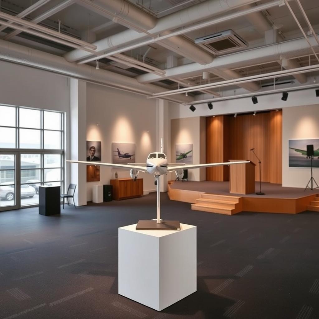 An interior view of a spacious room designed for presentations and exhibitions
