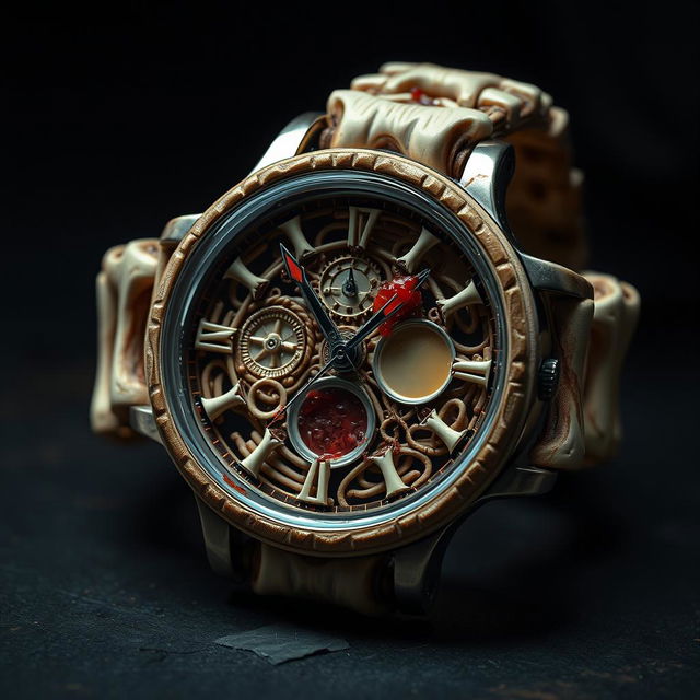 A remarkably intricate and unsettling watch, constructed from polished human bones and stretched human skin, giving it an organic and unsettling appearance