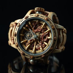 A remarkably intricate and unsettling watch, constructed from polished human bones and stretched human skin, giving it an organic and unsettling appearance