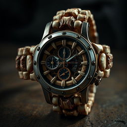 A remarkably intricate and unsettling watch, constructed from polished human bones and stretched human skin, giving it an organic and unsettling appearance