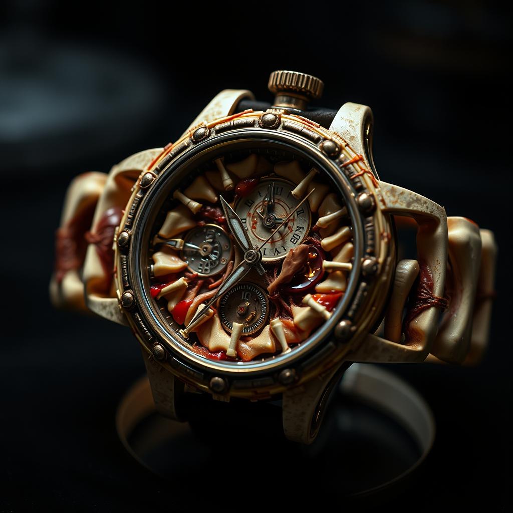 A remarkably intricate and unsettling watch, constructed from polished human bones and stretched human skin, giving it an organic and unsettling appearance