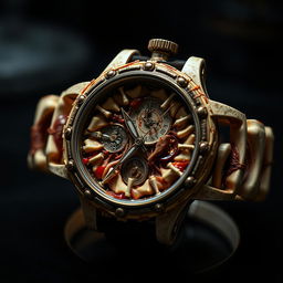 A remarkably intricate and unsettling watch, constructed from polished human bones and stretched human skin, giving it an organic and unsettling appearance