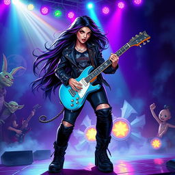 In a Dungeons & Dragons art style, a mesmerizing Latina rockstar vampire is energetically playing her electric guitar on a vibrant, magical stage