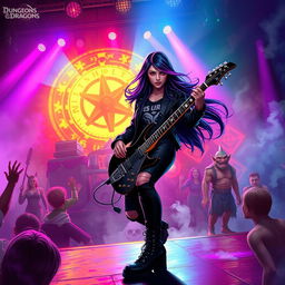 In a Dungeons & Dragons art style, a mesmerizing Latina rockstar vampire is energetically playing her electric guitar on a vibrant, magical stage