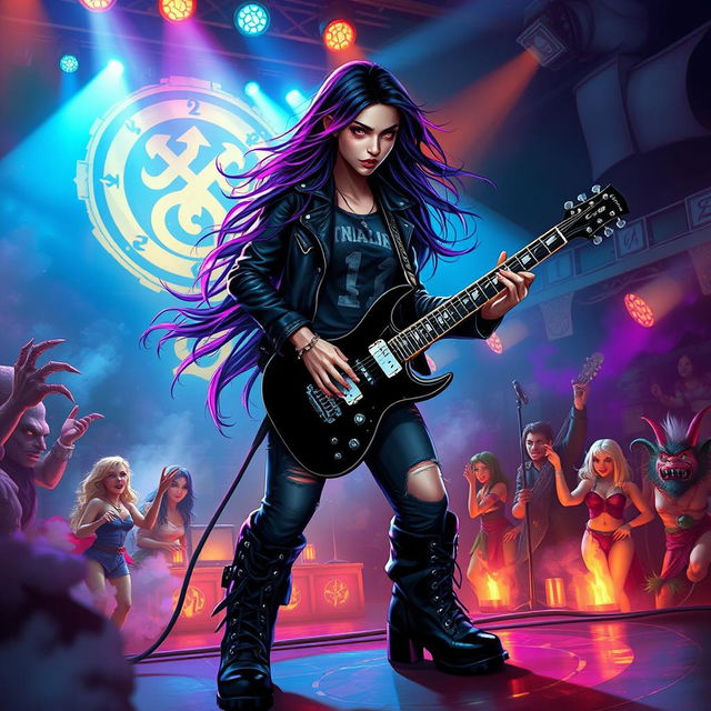 In a Dungeons & Dragons art style, a mesmerizing Latina rockstar vampire is energetically playing her electric guitar on a vibrant, magical stage