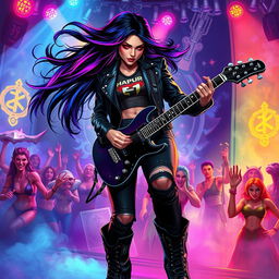 In a Dungeons & Dragons art style, a mesmerizing Latina rockstar vampire is energetically playing her electric guitar on a vibrant, magical stage