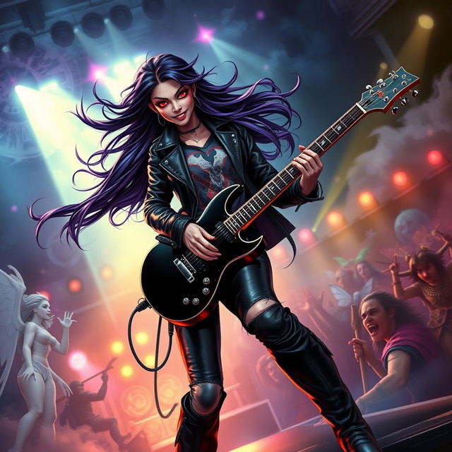 In a Dungeons & Dragons art style, a captivating Latina rockstar vampire passionately plays her electric guitar on an enchanting stage filled with magical elements