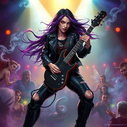 In a Dungeons & Dragons art style, a captivating Latina rockstar vampire passionately plays her electric guitar on an enchanting stage filled with magical elements