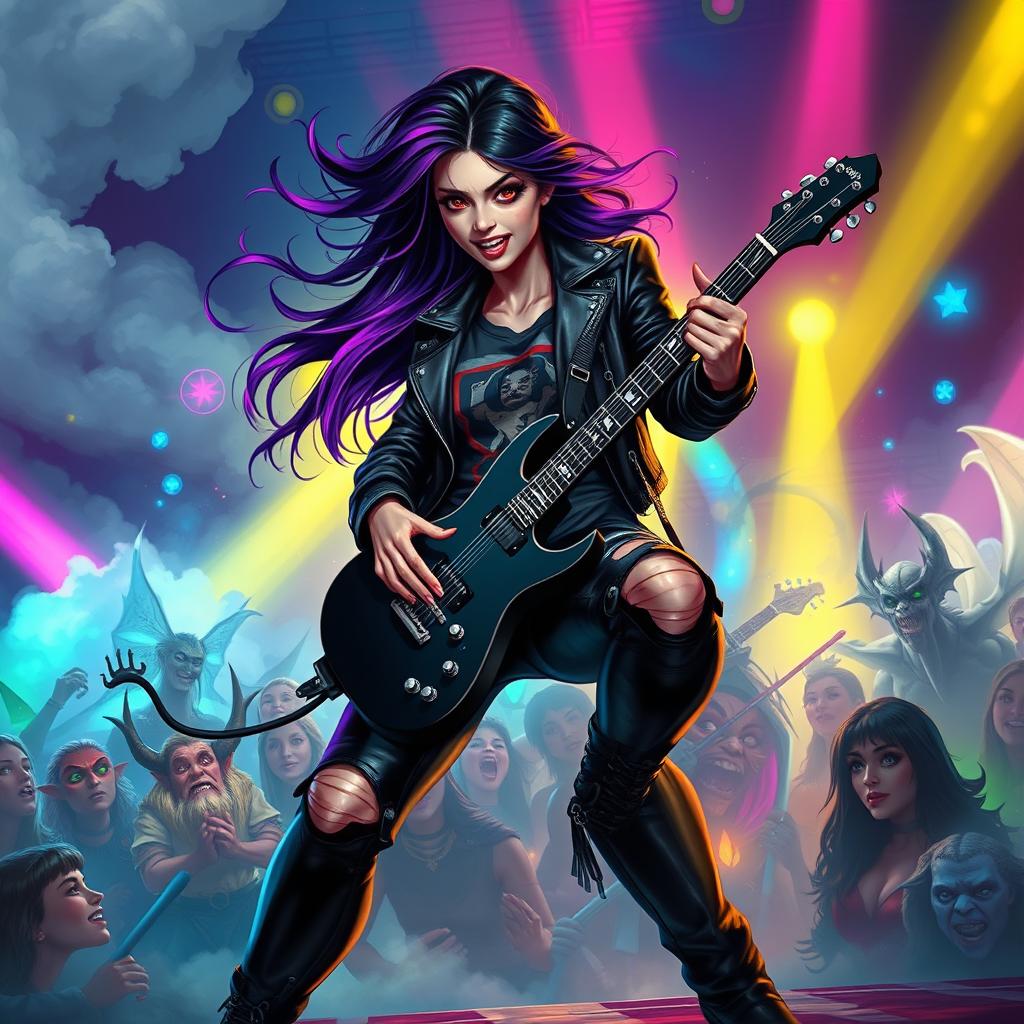 In a Dungeons & Dragons art style, a captivating Latina rockstar vampire passionately plays her electric guitar on an enchanting stage filled with magical elements