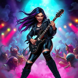 In a Dungeons & Dragons art style, a captivating Latina rockstar vampire passionately plays her electric guitar on an enchanting stage filled with magical elements