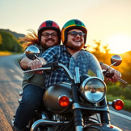 Two chubby men riding a motorcycle together, wearing colorful helmets and casual riding attire