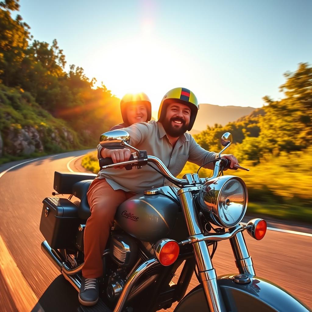 Two chubby men riding a motorcycle together, wearing colorful helmets and casual riding attire