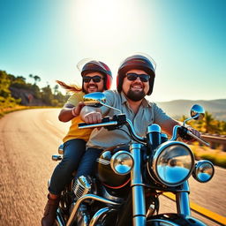 Two chubby men riding a motorcycle together, wearing colorful helmets and casual riding attire