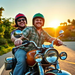 Two chubby men riding a motorcycle together, wearing colorful helmets and casual riding attire