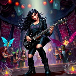 In a Dungeons & Dragons art style, a striking Latina rockstar vampire passionately plays her electric guitar on an extravagant stage adorned with mystical elements