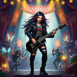 In a Dungeons & Dragons art style, a striking Latina rockstar vampire passionately plays her electric guitar on an extravagant stage adorned with mystical elements
