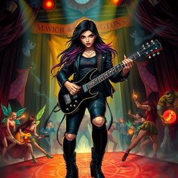 In a Dungeons & Dragons art style, a striking Latina rockstar vampire passionately plays her electric guitar on an extravagant stage adorned with mystical elements