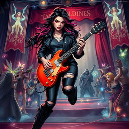 In a Dungeons & Dragons art style, a striking Latina rockstar vampire passionately plays her electric guitar on an extravagant stage adorned with mystical elements