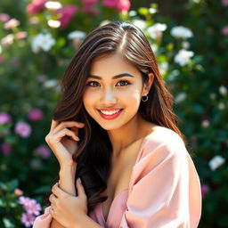 A confident and alluring young woman posing in a charming and tasteful manner, showcasing her youthful beauty and grace
