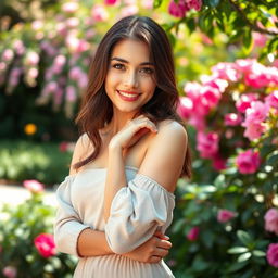 A confident and alluring young woman posing in a charming and tasteful manner, showcasing her youthful beauty and grace