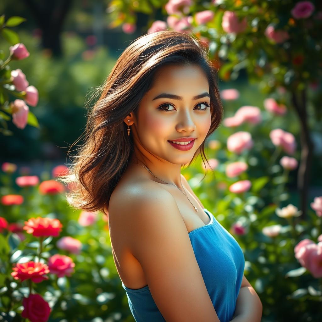 A confident and alluring young woman posing in a charming and tasteful manner, showcasing her youthful beauty and grace