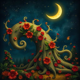 A surreal and imaginative representation of an ornate, elongated structure resembling a mythical tree trunk, intricately designed with swirling patterns and textures, embellished with vibrant flowers and leaves in varying shades of green, red, and gold, basking under a starry night sky with a glowing crescent moon casting a gentle light, evoking a sense of wonder and fantasy in a mystical woodland setting