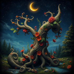 A surreal and imaginative representation of an ornate, elongated structure resembling a mythical tree trunk, intricately designed with swirling patterns and textures, embellished with vibrant flowers and leaves in varying shades of green, red, and gold, basking under a starry night sky with a glowing crescent moon casting a gentle light, evoking a sense of wonder and fantasy in a mystical woodland setting
