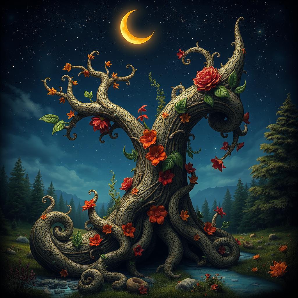 A surreal and imaginative representation of an ornate, elongated structure resembling a mythical tree trunk, intricately designed with swirling patterns and textures, embellished with vibrant flowers and leaves in varying shades of green, red, and gold, basking under a starry night sky with a glowing crescent moon casting a gentle light, evoking a sense of wonder and fantasy in a mystical woodland setting