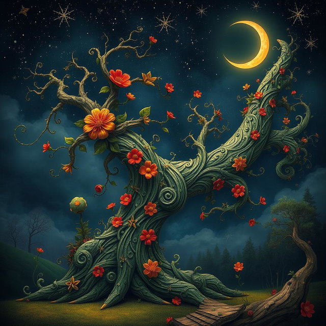 A surreal and imaginative representation of an ornate, elongated structure resembling a mythical tree trunk, intricately designed with swirling patterns and textures, embellished with vibrant flowers and leaves in varying shades of green, red, and gold, basking under a starry night sky with a glowing crescent moon casting a gentle light, evoking a sense of wonder and fantasy in a mystical woodland setting