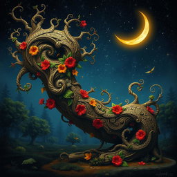 A surreal and imaginative representation of an ornate, elongated structure resembling a mythical tree trunk, intricately designed with swirling patterns and textures, embellished with vibrant flowers and leaves in varying shades of green, red, and gold, basking under a starry night sky with a glowing crescent moon casting a gentle light, evoking a sense of wonder and fantasy in a mystical woodland setting