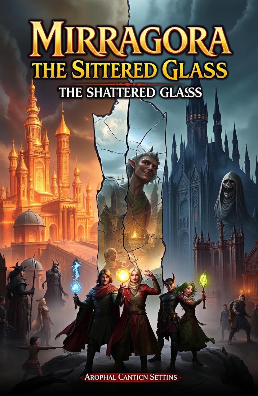 A dramatic book cover showcasing the fractured cityscape of Mirragora and Arogarrim