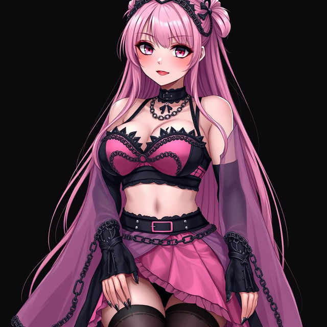 A realistic, sexy submissive gothic anime girl featuring a flustered, subtle smile accentuated with a blush on her cheeks