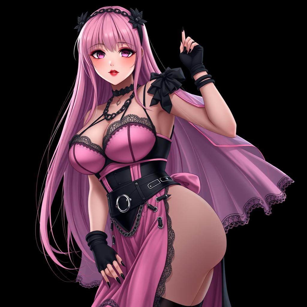 A realistic, sexy submissive gothic anime girl featuring a flustered, subtle smile accentuated with a blush on her cheeks